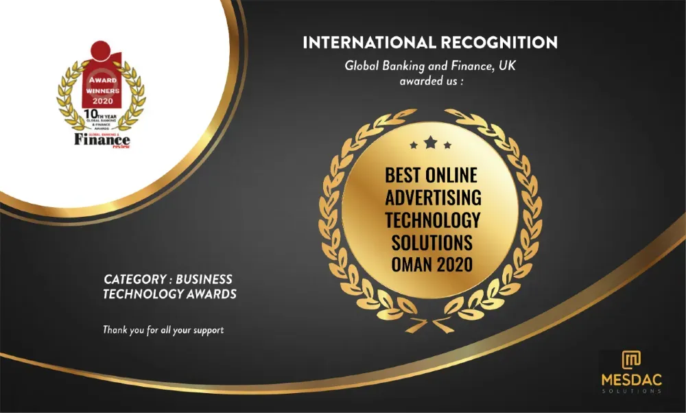 MESDAC Solutions award for Best Online Advertising Technology Solutions Oman 2020
